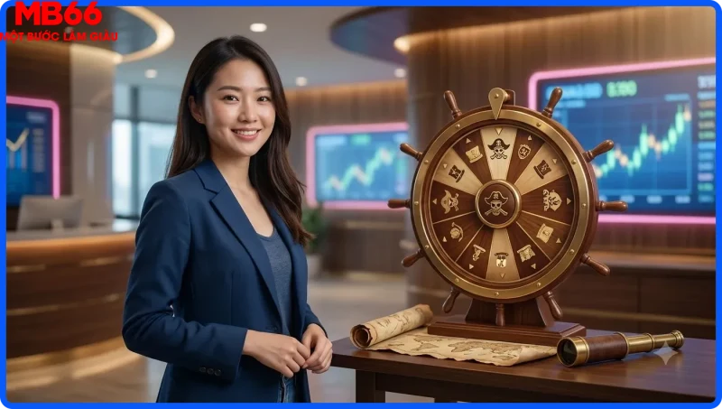 Giao diện nổ hũ Vua Hải Tặc với vòng quay vàng và rương kho báu trên tàu cướp biển