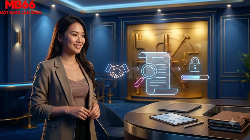 Người dùng đọc kỹ điều khoản sử dụng trên màn hình holographic với biểu tượng bảo vệ