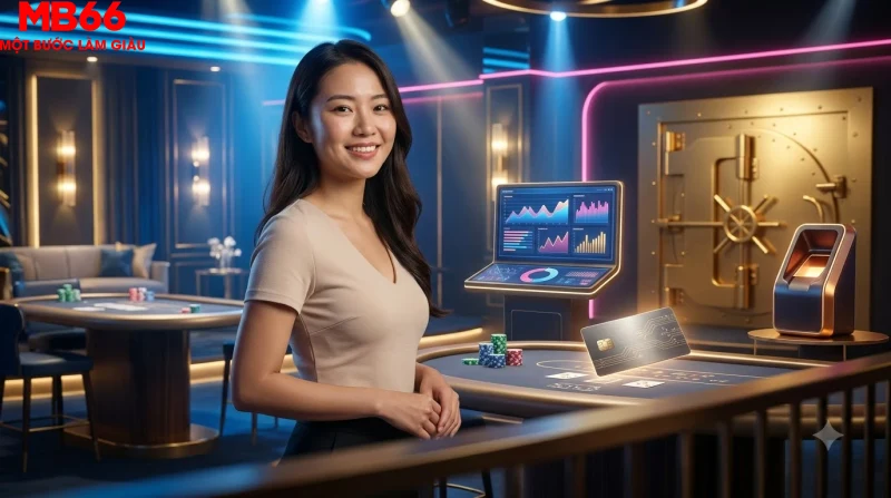 Người phụ nữ dùng điện thoại chọn số với các khối số vàng phát sáng xung quanh